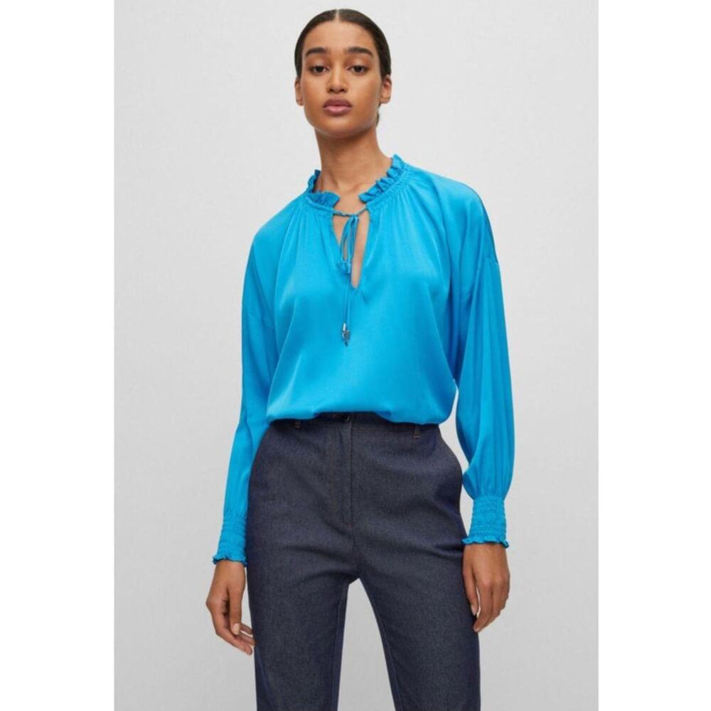 BOSS Womens Baratina Silk Blend size 8 Blue Blouse Long Sleeve Designer New - Picture 2 of 10